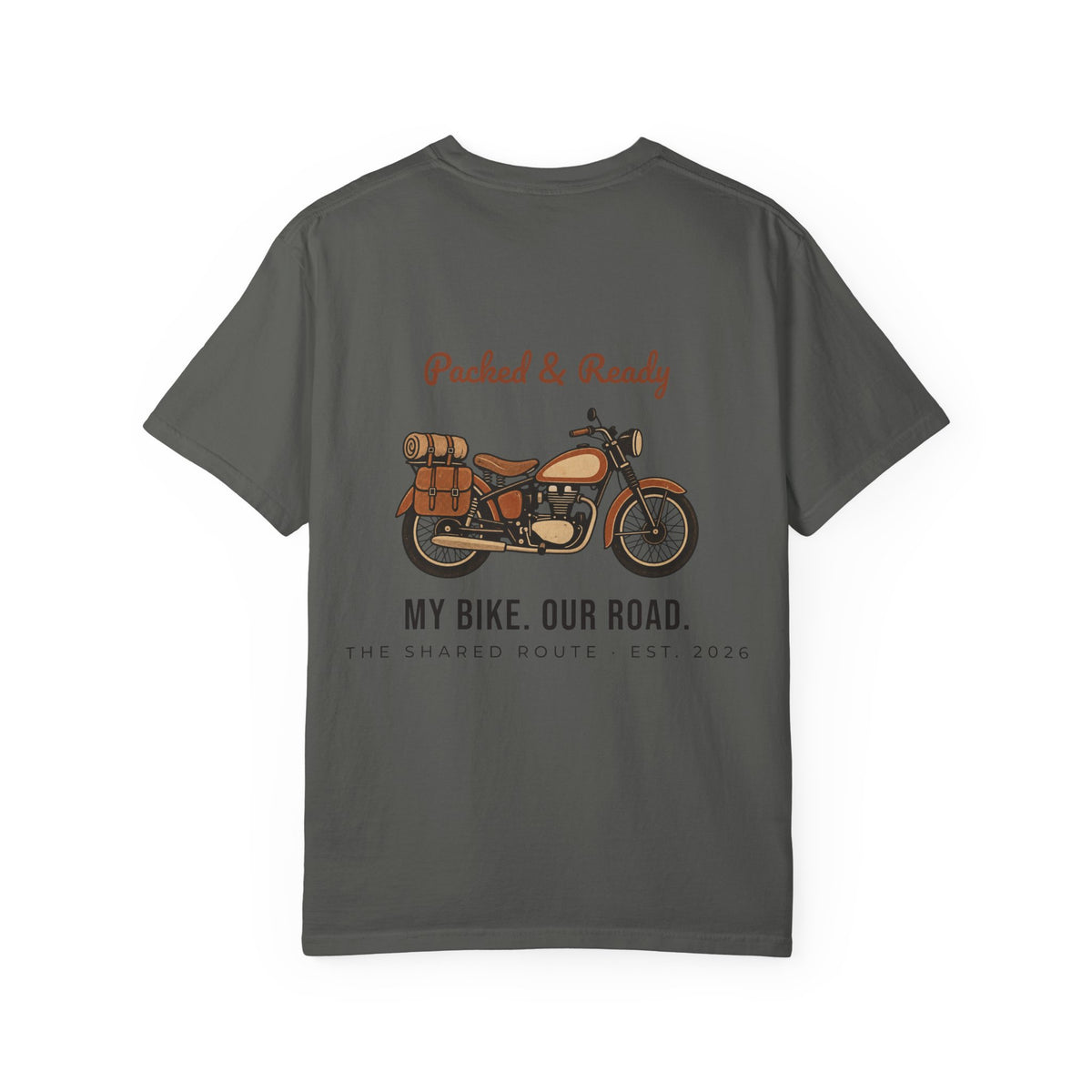 Motorcycle T-Shirt — "Packed & Ready" Vintage Bike Tee (My Bike. Our Road.)