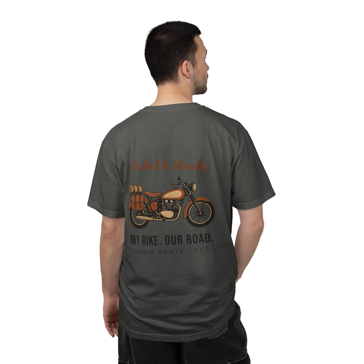 Motorcycle T-Shirt — "Packed & Ready" Vintage Bike Tee (My Bike. Our Road.)