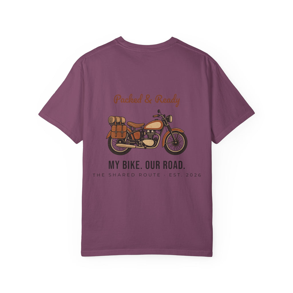 Motorcycle T-Shirt — "Packed & Ready" Vintage Bike Tee (My Bike. Our Road.)