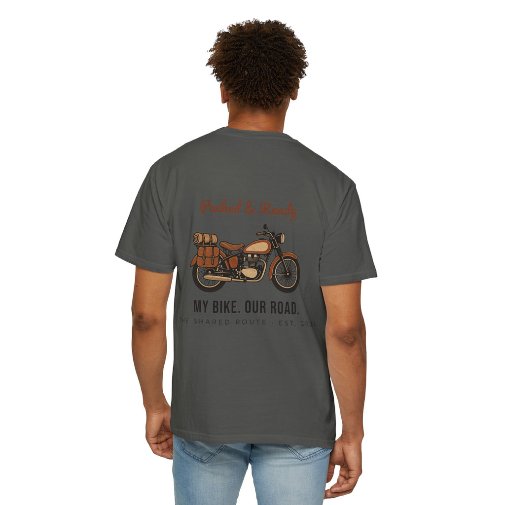 Motorcycle T-Shirt — "Packed & Ready" Vintage Bike Tee (My Bike. Our Road.)