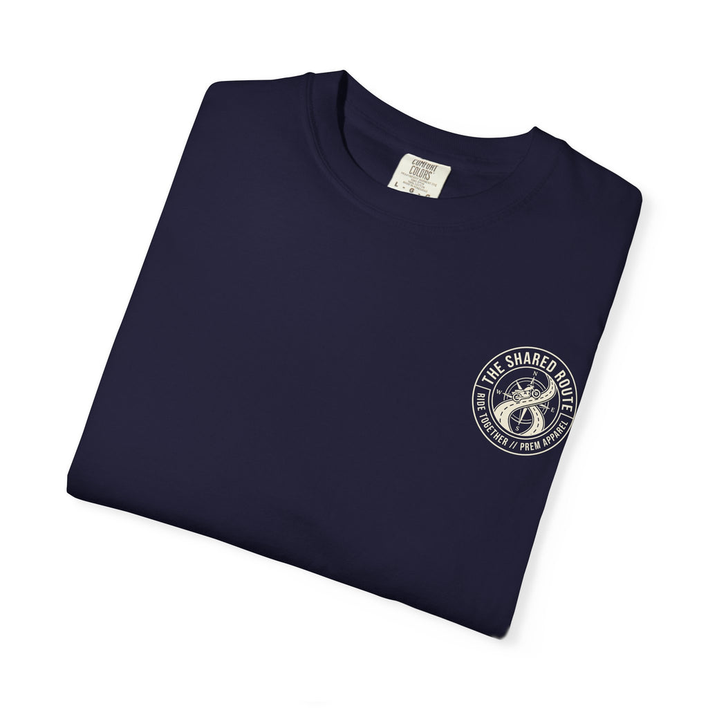 Shared Route Compass T‑Shirt — Vintage Infinity Map Graphic