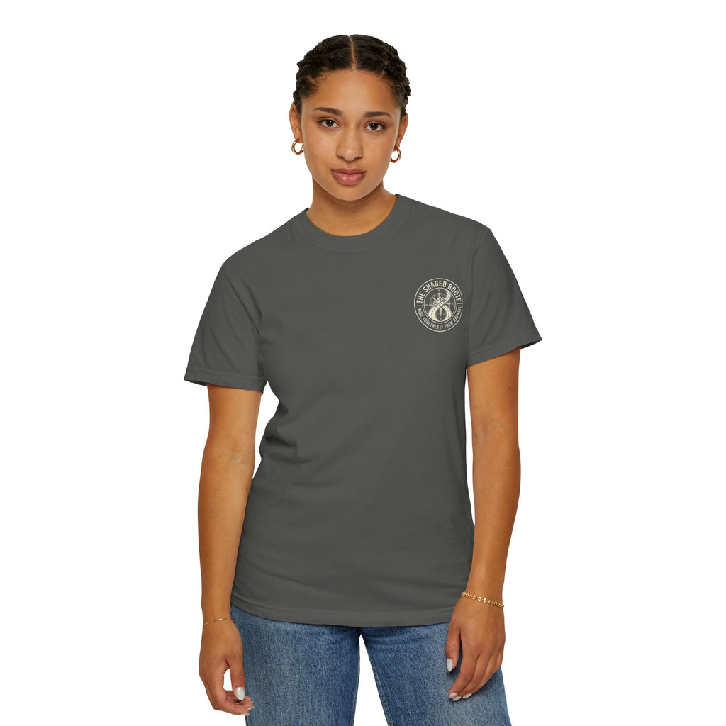 Shared Route Compass T‑Shirt — Vintage Infinity Map Graphic