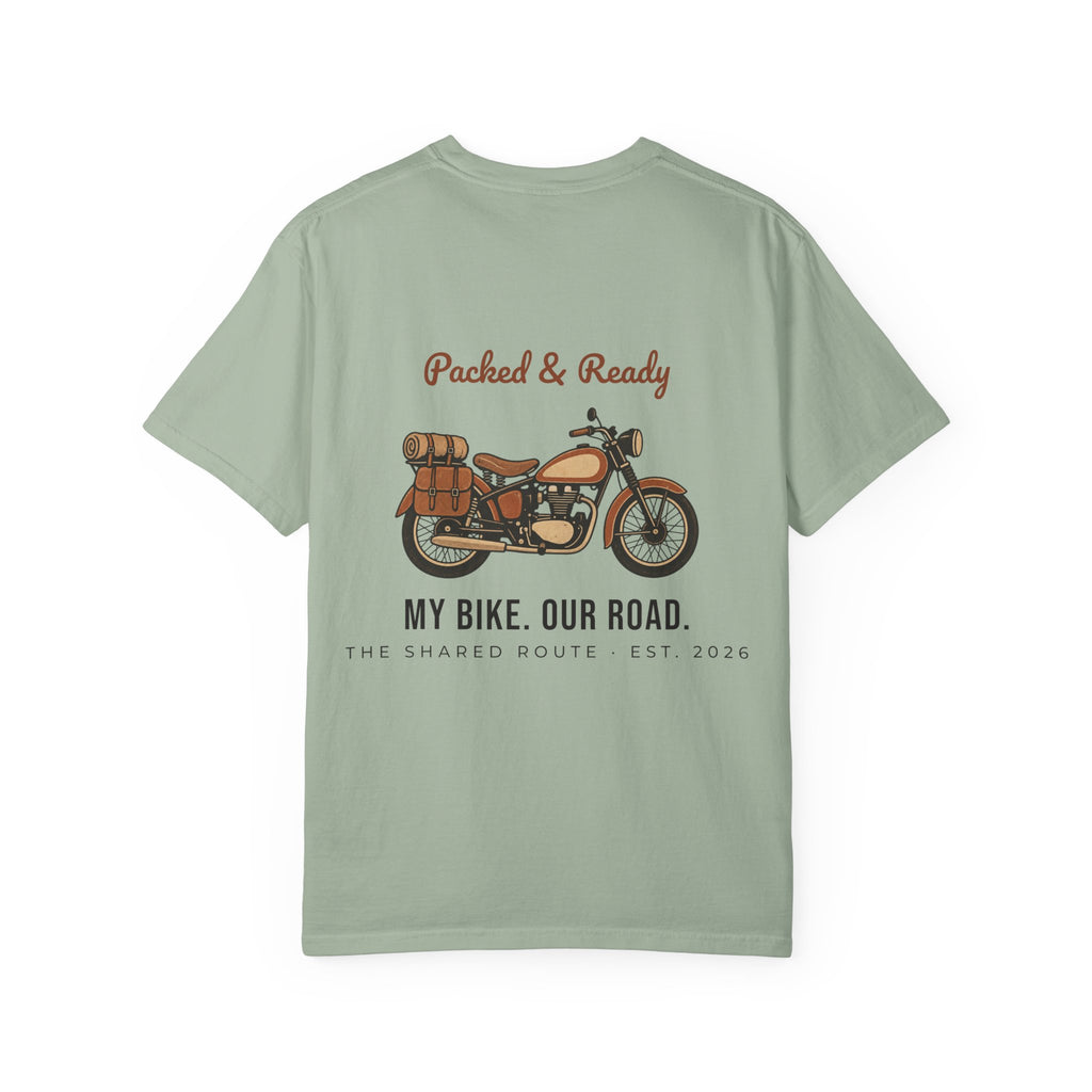 Motorcycle T-Shirt — "Packed & Ready" Vintage Bike Tee (My Bike. Our Road.)