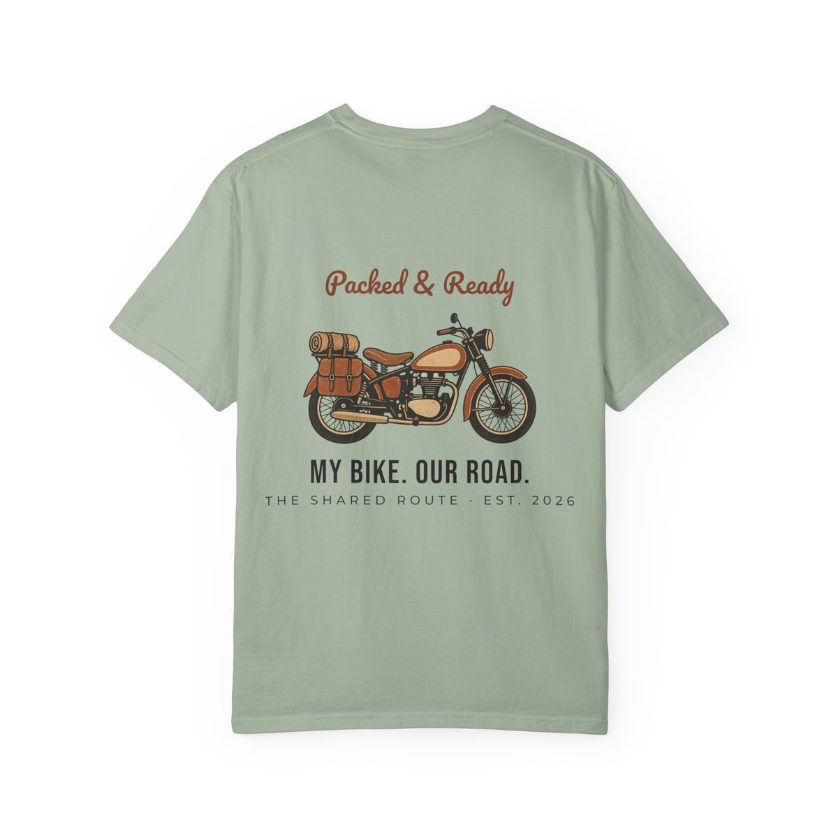 Motorcycle T-Shirt — "Packed & Ready" Vintage Bike Tee (My Bike. Our Road.)